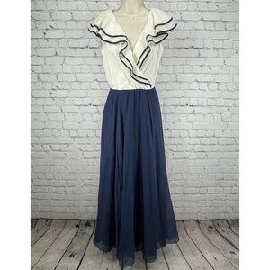 VTG Miss Elliette Ivory Blue Ruffled Retro Flutter Sleeve A Line Maxi Dress 8